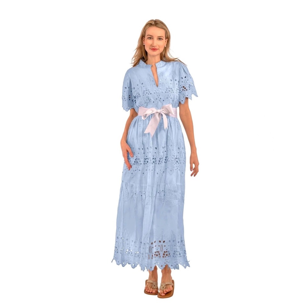 Gretchen Scott La Di Da Blue Eyelet Cotton Midi Dress Diva Pockets L Feminine - Picture 2 of 16